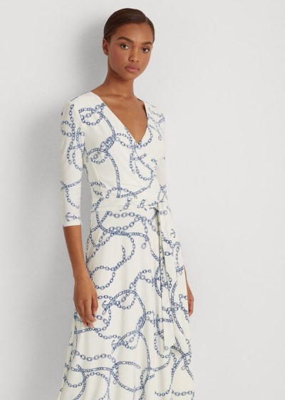 Vestidos Ralph Lauren Mujer Creme / Azules - Printed Jersey Surplice - WUYBF9018